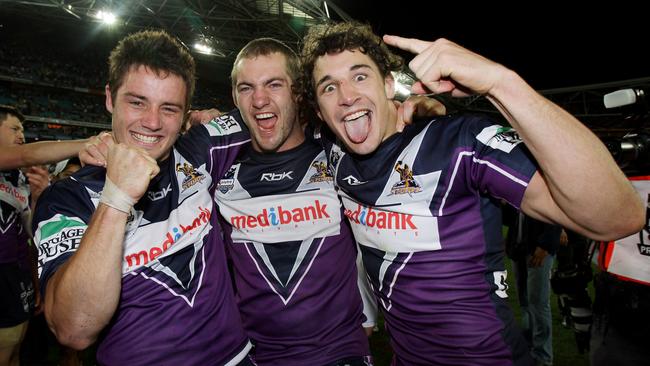 2007 NRL Grand Final. Melbourne Storm v Manly Sea Eagles. Telstra Stadium. Cooper Cronk, Dallas Johnson and Billy Slater celebrate