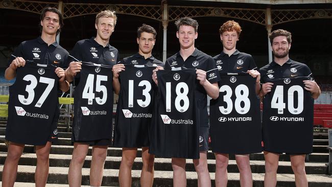 Tomas Bugg (No.40) with fellow Blues recruits (from left) Ben Silvagni (37), Hugh Goddard (45), Liam Stocker (13), Sam Walsh (18) and Finbar O'Dwyer (38). Picture: Michael Klein