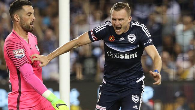 Besart Berisha of the Victory celebrates a goal.