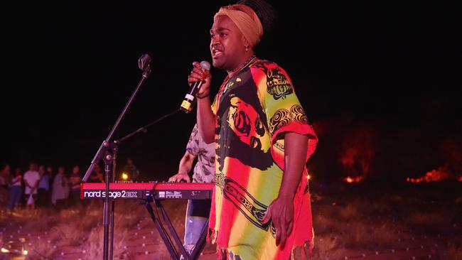 Electric Fields performing at the opening night of the Parrtjima festival at Desert Park Alice Springs. Picture: Keri Megelus