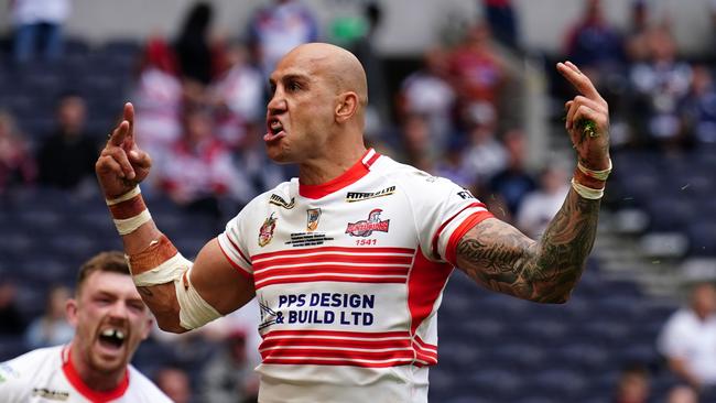 Blake Ferguson celebrates a try for Leigh Centurions. Picture: Getty Images