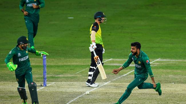 David Warner after being dismissed caught behind — despite not hitting it. Picture: AFP