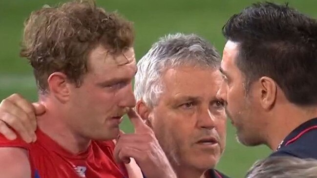 Melbourne defender Harrison Petty was visibly upset after the ‘vile slur’. Picture: 7 News