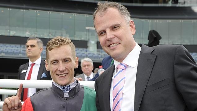 Newhaven Park and the Doncaster Hotel's Charles Kelly (right) with top jockey Blake Shinn at Randwick. Picture: File / Bradley Photos