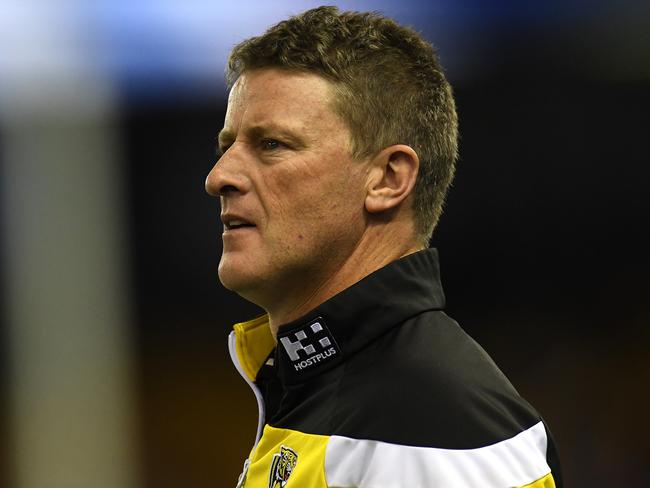 Coach of the Tigers Damien Hardwick is seen during the Round 11 AFL match between the North Melbourne Kangaroos and the Richmond Tigers at Etihad Stadium in Melbourne, Saturday, June 3, 2017. (AAP Image/Julian Smith) NO ARCHIVING, EDITORIAL USE ONLY