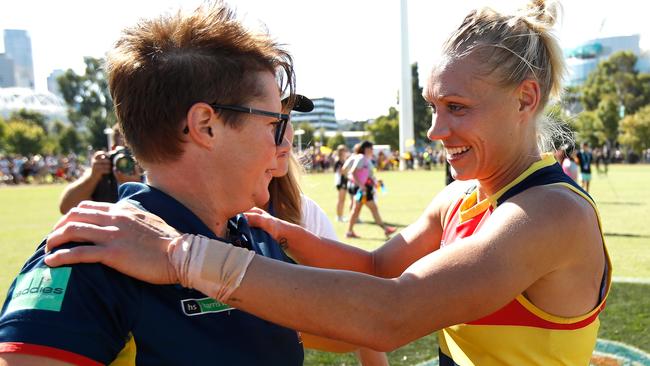 Erin Phillips with coach Bec Goddard after Sunday’s AFLW win.