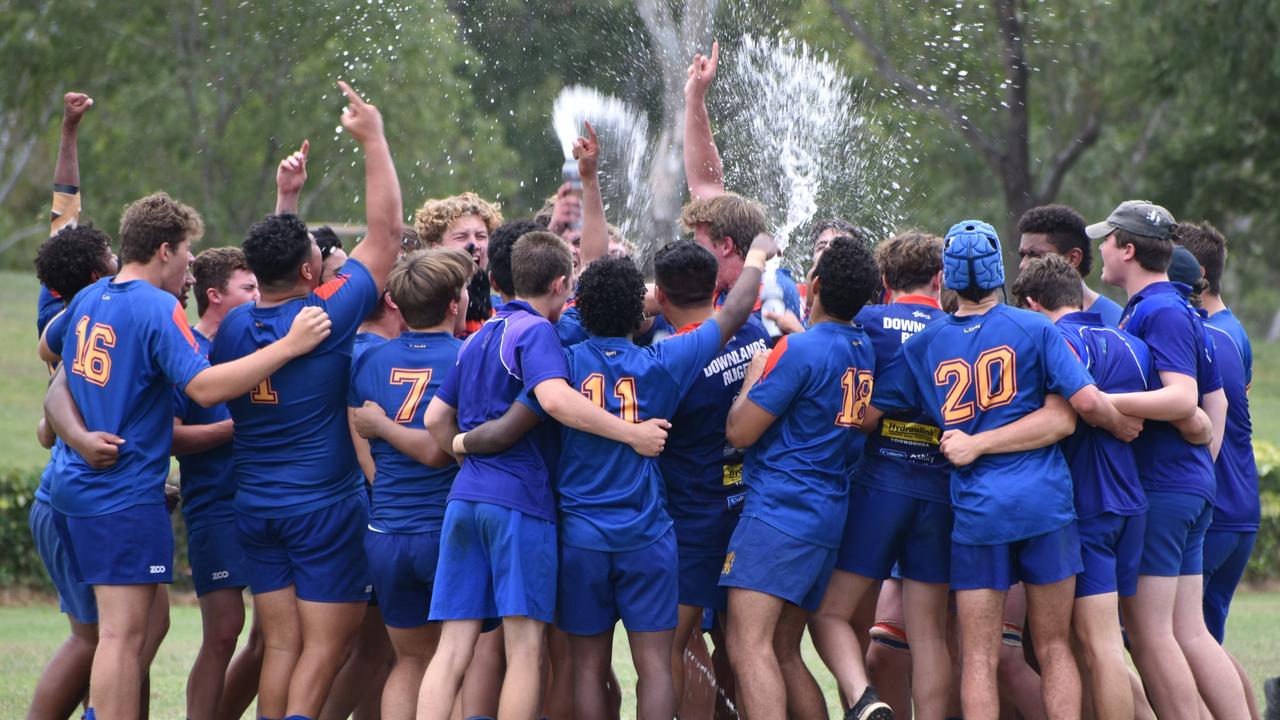 Downlands College First XV celebrate their grand final win at the weekend’s Regional Rugby Championships. Photo: Pam McKay