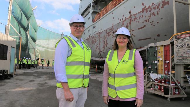 Defence Industry Minister Pat Conroy and Queensland Senator Nita Green at the Cairns Tropical Reef Shipyard to announce $240m for infrastructure upgrades to the HMAS Cairns naval base. Picture: Peter Carruthers