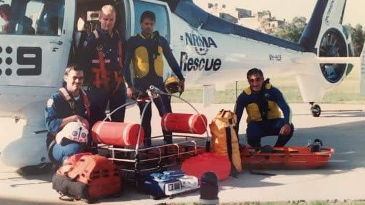 NSW paramedic Steve Fraser, third from the left, on a helicopter mission in the early 1990s. Supplied via NCA NewsWire