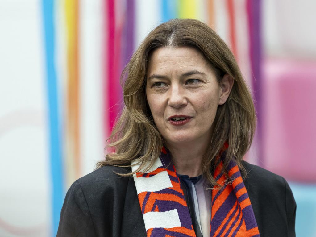 MELBOURNE, AUSTRALIA – OCTOBER 07: Emma Moore, General Manager of AFLW speaks during the AFLW Pride Round Launch at Whitten Oval on October 07, 2024 in Melbourne, Australia. (Photo by Daniel Pockett/Getty Images)