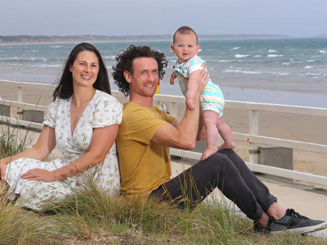 Patrick Dunne and his wife Grace Moloney are a case study of people who have recently moved to Ocean Grove. They relocated last week with their nine-month-old son Oscar. picture: Glenn Ferguson