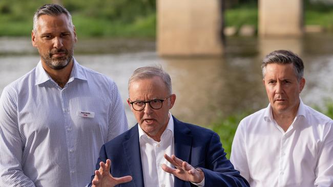 Prime Minister Anthony Albanese visits the Barron River Bridge north west of Cairns near Kuranda, joined by Senator for Queensland Nita Green and Labor candidate for Leichhardt Matt Smith, to announce a $245 million commitment from a re-elected Labor Government towards a new bridge on the Kennedy Highway a main link for Far North Queensland. Picture: Jason Edwards / NewsWire