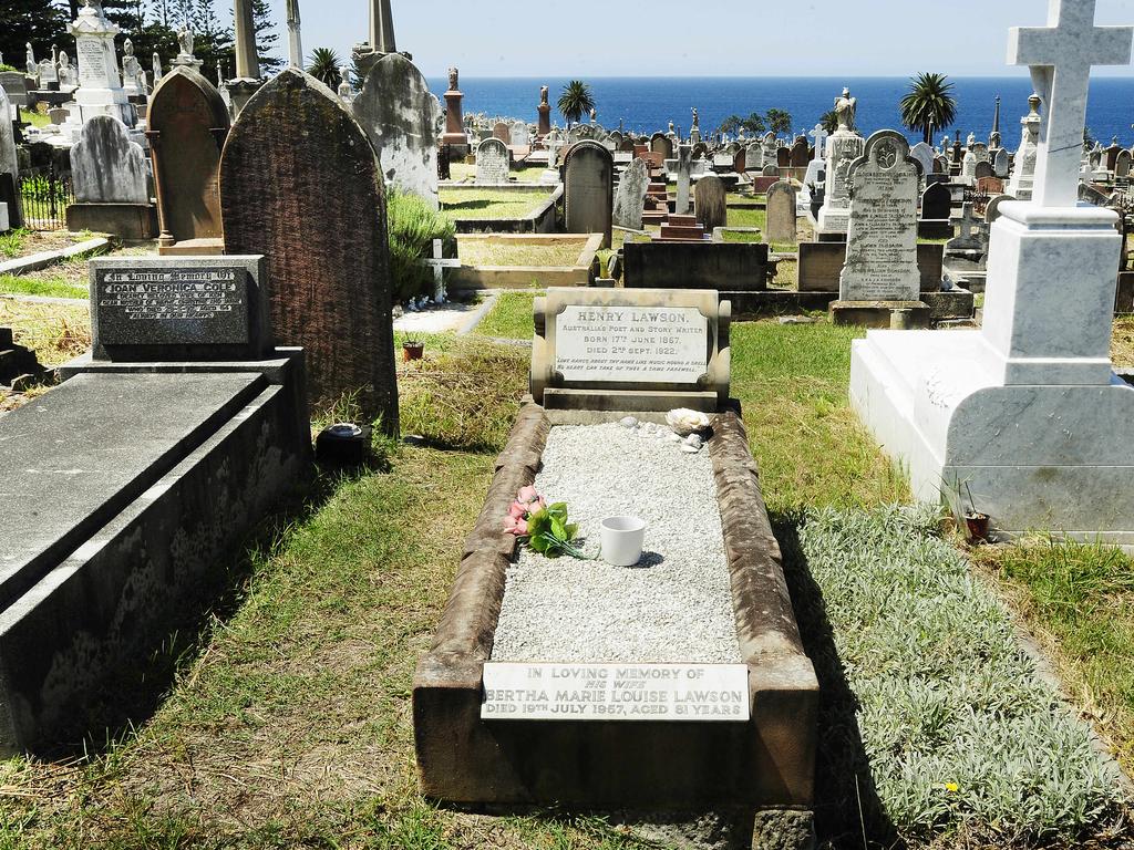 Henry Lawson is buried in Waverley Cemetery, atop the cliffs at Bronte. A statue of Lawson, by George Lambert, can be found in the Domain, Sydney. Picture: John Appleyard