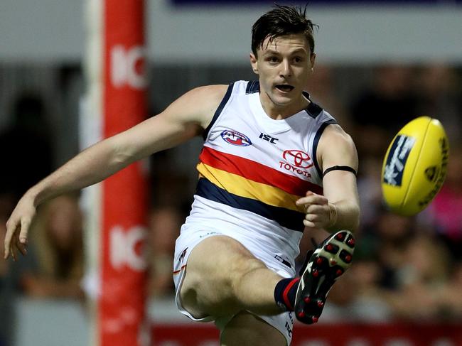 DARWIN, AUSTRALIA - JULY 15: Jake Lever of the Crows kicks the ball during the round 17 AFL match between the Melbourne Demons and the Adelaide Crows at TIO Stadium on July 15, 2017 in Darwin, Australia.  (Photo by Robert Cianflone/Getty Images)