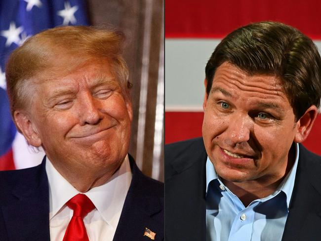 (COMBO) This combination of pictures created on May 05, 2023 shows former US President Donald Trump in Columbia, South Carolina, on January 28, 2023 and Florida Governor Ron DeSantis in Hialeah, Florida, on November 7, 2022. - He is young, scandal-free, and a darling of conservatives for his embrace of an "anti-woke" agenda that has fueled his meteoric rise within the Republican Party. Yet, Florida Governor Ron DeSantis has failed to lay a glove on Trump in the race to challenge President Joe Biden for the White House in 2024, baffling observers who see the twice-impeached former president as eminently beatable. (Photo by Logan Cyrus and Eva Marie UZCATEGUI / AFP)