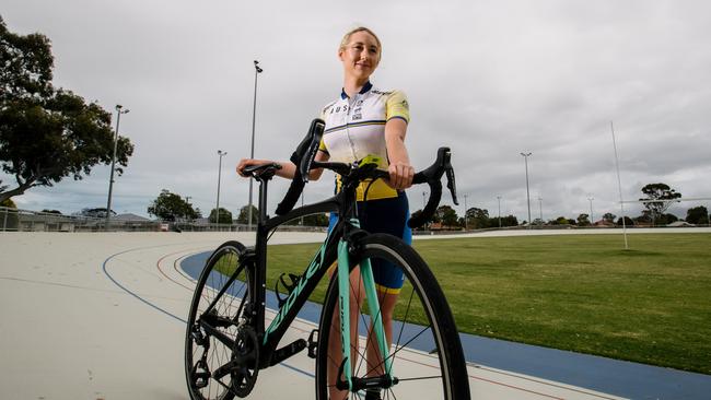 Track Endurance Cyclist with the Australian Cycling Team, Maeve Plouffe at Hanson Reserve, where track racing is returning for the first time in two decades in Adelaide, Thursday, November 7, 2019. (AAP Image/Morgan Sette)