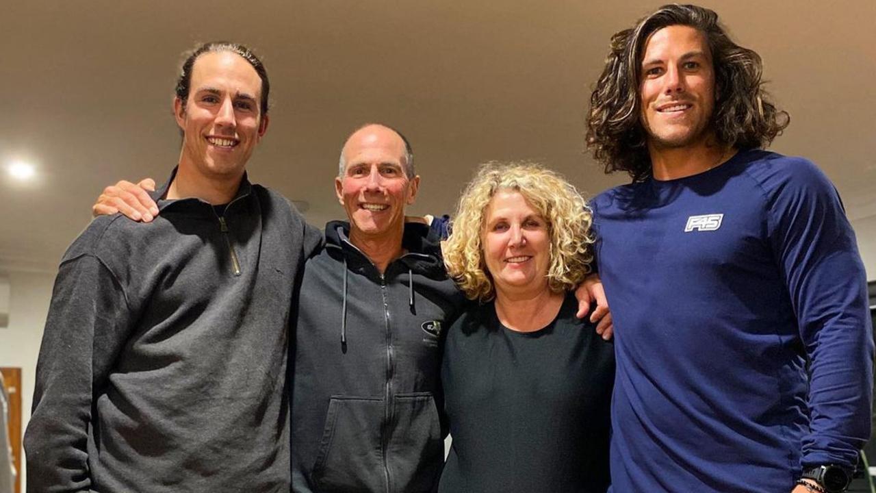 Perth brothers Jake (L) and Callum Robinson (R) pictured with parents Martin and Debra. The brothers are missing during a surfing trip in Baja California in Mexico. Picture: Instagram