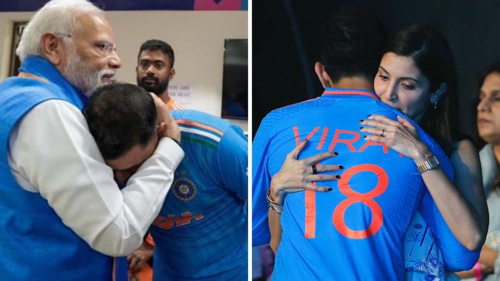 Indian PM Narendra Modi hugs Mohammed Shammi after the defeat and Virat Kohli is hugged by his wife. Photo: Twitter, Mifaddal Vohra.