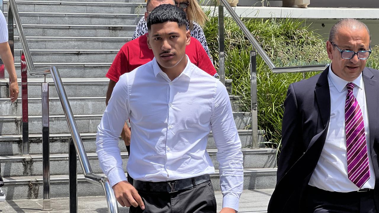 St George Illawarra Dragons player Talatau ‘Junior’ Amone leaves Wollongong Local Court on Wednesday. Picture: Dylan Arvela