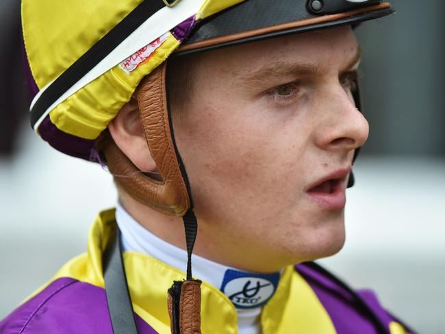 Jockey Ethan Brown speaks to media after riding Maddison Avenue back to victory in race 5, the Le Pine Funerals Handicap during Ladbrokes Park Race Day at Sandown Racecourse in Melbourne, Wednesday, April 10, 2019. (AAP Image/James Ross) NO ARCHIVING