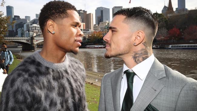 American Devin Haney and Australian George Kambosos face off on the banks of the Yarra River. Picture: David Caird