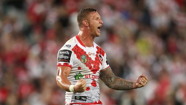 SYDNEY, AUSTRALIA — APRIL 25: Tariq Sims of the Dragons celebrates victory in the round eight NRL match between the St George Illawara Dragons and Sydney Roosters at Allianz Stadium on April 25, 2018 in Sydney, Australia. (Photo by Mark Metcalfe/Getty Images)