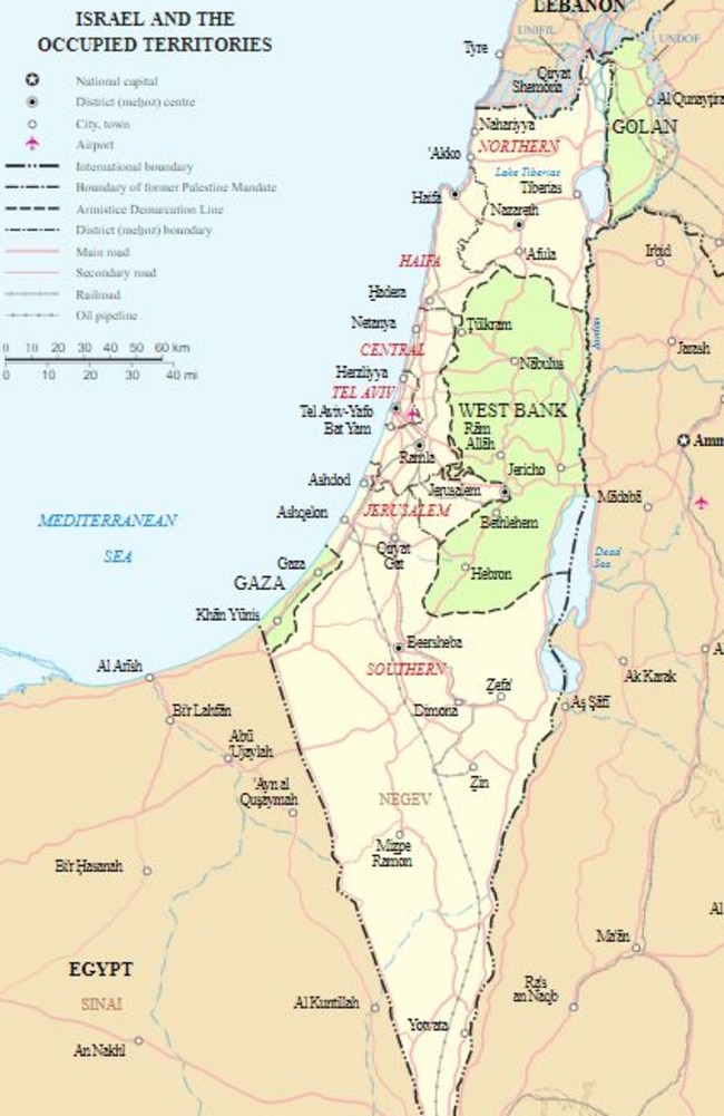 Map of current area governed by Israel which stretches further than the 1947 partition. The Gaza Strip (green area on the coast) is self-governed by Palestinian group Hamas. The West Bank (green) is partly governed by the Palestinian Authority. Jerusalem is fully under Israeli control.