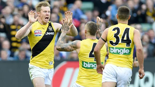 Jack Riewoldt celebrates his goal with Dustin Martin and Jack Graham. Picture: Nicole Garmston