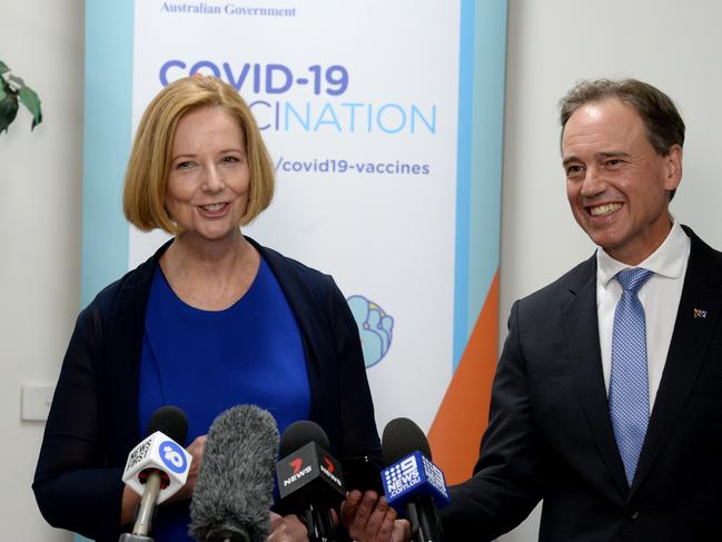 Former prime minister Julia Gillard and Health Minister Greg Hunt at the Carrum Downs Respiratory Clinic after receiving their vaccines. Picture: Andrew Henshaw