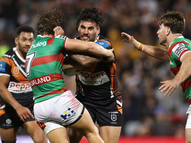 The brawl broke out between rival fans after the clash between the Tigers and Rabbitohs. Picture: Cameron Spencer/Getty Images