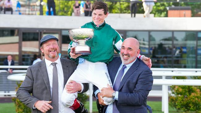 Gary Portelli with Craig Williams and Yulong’s Sam Fairgray after Kimochi won the Sir Rupert Clarke Stakes. Picture: Racing Photos via Getty Images