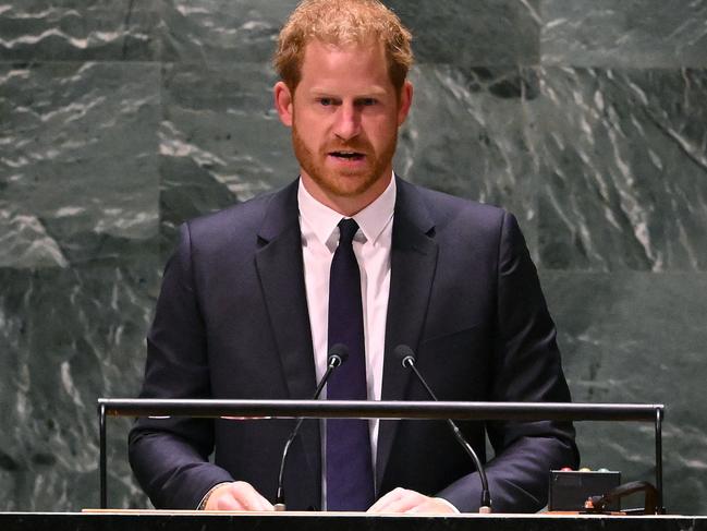 Prince Harry, Duke of Sussex, delivers the keynote address during the 2020 UN Nelson Mandela Prize award ceremony at the United Nations in New York on July 18, 2022. - The Prize is being awarded to Marianna Vardinoyannis of Greece and Doctor Morissanda Kouyate of Guinea. (Photo by TIMOTHY A. CLARY / AFP)