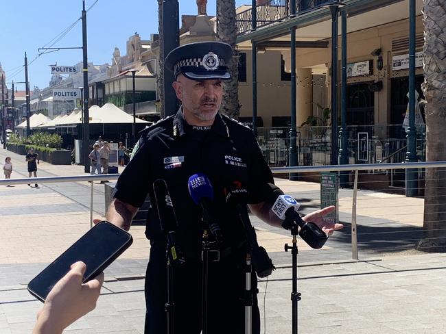 SAPOL Acting Assistant Commissioner of Metropolitan Operations John De Candia announced a further expansion to the Glenelg dry zone, in effect from January 3 to April 7 2025. Picture: George Yankovich