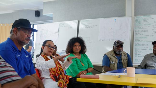 Indigenous Australians Minister Linda Burney, and Labor Senator Malarndirri McCarthy, speak to local traditional owners in the remote NT town of Kalkarindji. Picture: David Swift