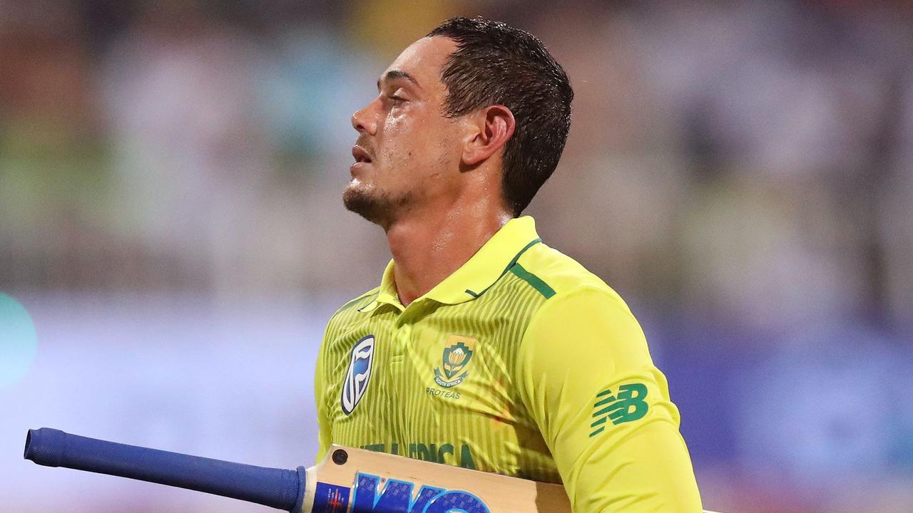 South Africa's Quinton de Kock loses his wicket during the second Twenty20 international cricket match between South Africa and England at the Hollywood bets Kingsmead Stadium in Durban on February 14, 2020. (Photo by Anesh Debiky / AFP)