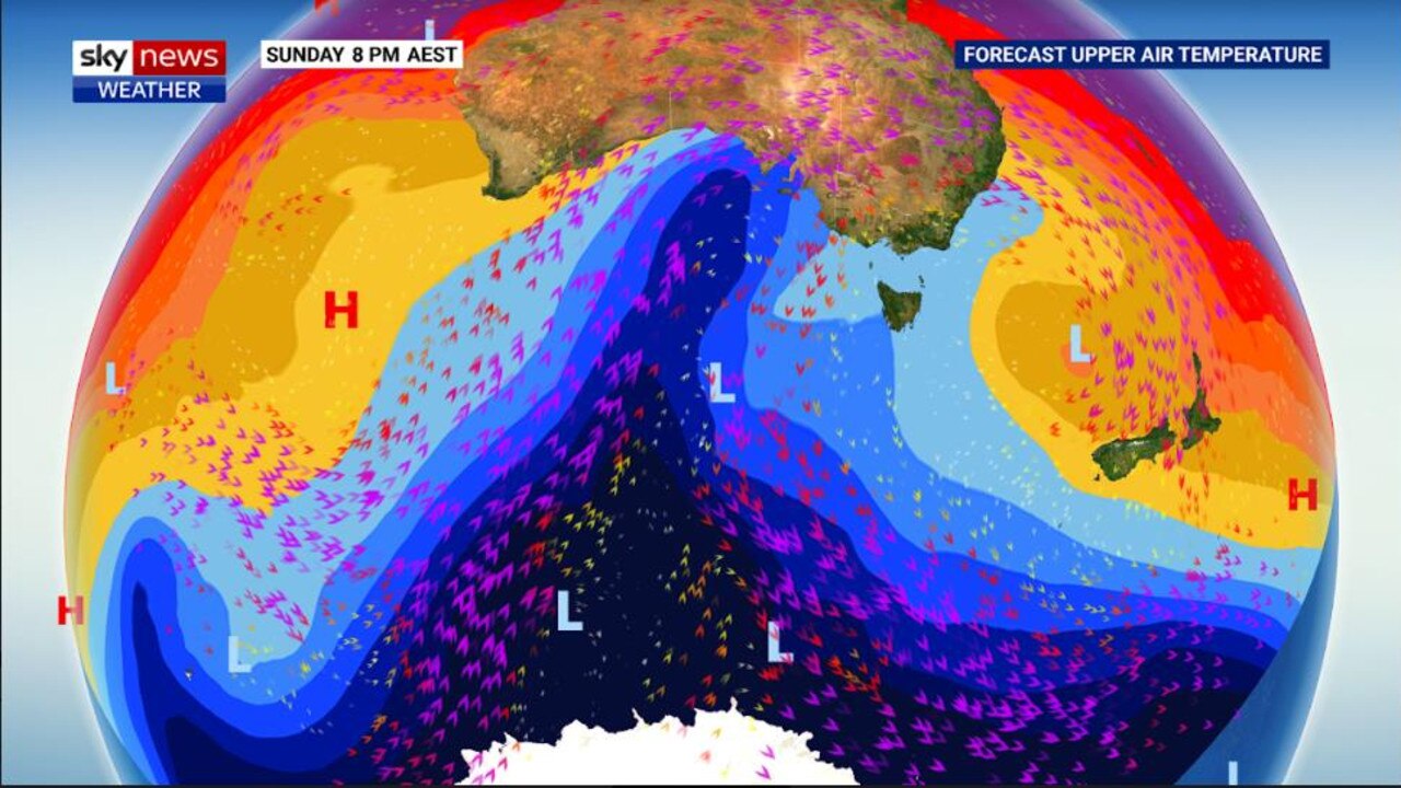 The major weather system will sweep across the south of the nation over the weekend. Picture: Sky News Weather