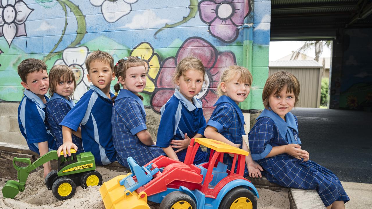 MY FIRST YEAR 2024: Grantham State School Prep students (from left) Bryce, Evie, Elijah, Aurelia, Brooklyn, Lilly and Kaiann, Wednesday, February 14, 2024. Picture: Kevin Farmer