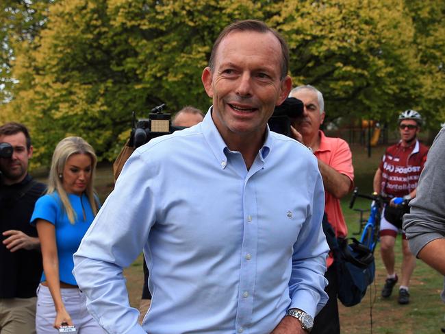 9/4/18 Former PM Tony Abbott in Warragul prior to leaving on the next leg of his Pollie Pedal through the Latrobe Valley. Aaron Francis/The Australian