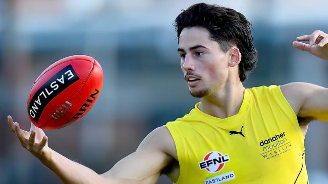 Jamie Ridd of Balwyn gathers the ball during the round five EFNL Premier Division Eastland Senior Mens match between Berwick and Balwyn at Berwick Edwin Flack Oval, on May 11, 2024, in Melbourne, Australia. (Photo by Josh Chadwick)