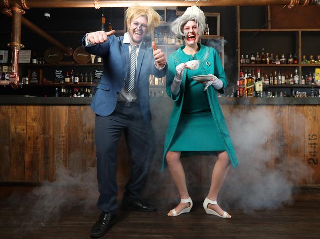 Brittany Robertson as The Queen and Isaac Rubessa as Boris Johnson for a Brexit Halloween event at the Woodcroft Hotel. Picture: TAIT SCHMAAL.