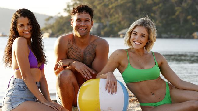 Jessica Redmayne (right) who plays social worker Harper Matheson on Home and Away and her co-stars Kyle Shilling and Kirsty Marillier at Station Beach. Picture: Jonathan Ng/The Daily Telegraph.