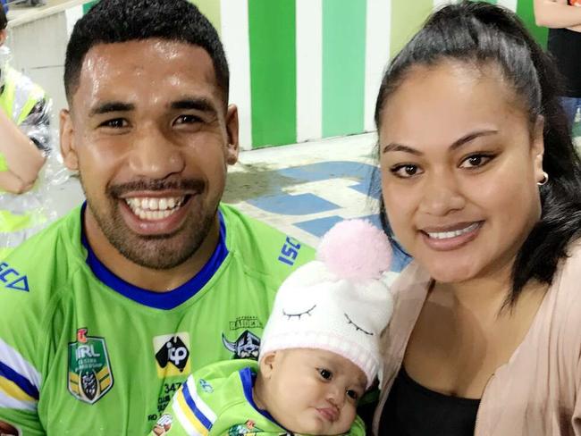 Canberra Raiders hooker Siliva Havili with daughter Mausia and wife Loretta. Picture supplied