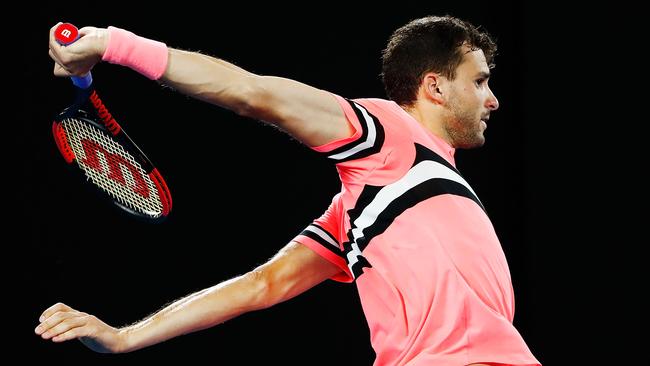 Grigor Dimitrov of Bulgaria rips a backhand.