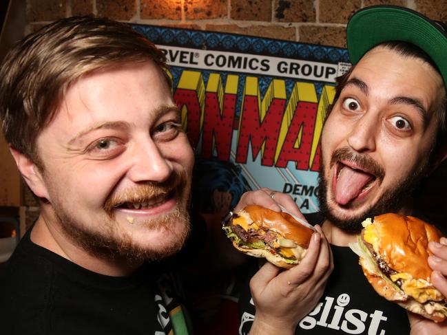 Burgapalooza founder Ben Kagan poses with co-founder Archie Saliba at Down N Out burgers in the city. Burgapalooza is a huge burger festival and is being held in Parramatta for the first time this year. 31 August, 2018. (AAP Image / Bob Barker)