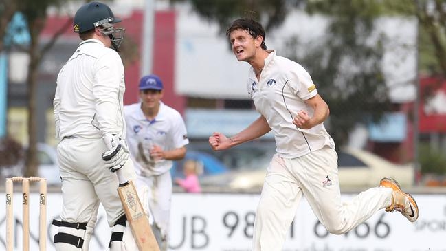 Alex Deuchar celebrates a wicket during his days at Mt Waverley. Picture: Stuart Milligan