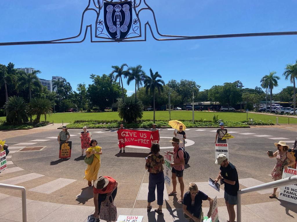 Protesters from Parents for Climate Action protest fracking outside Parliament House