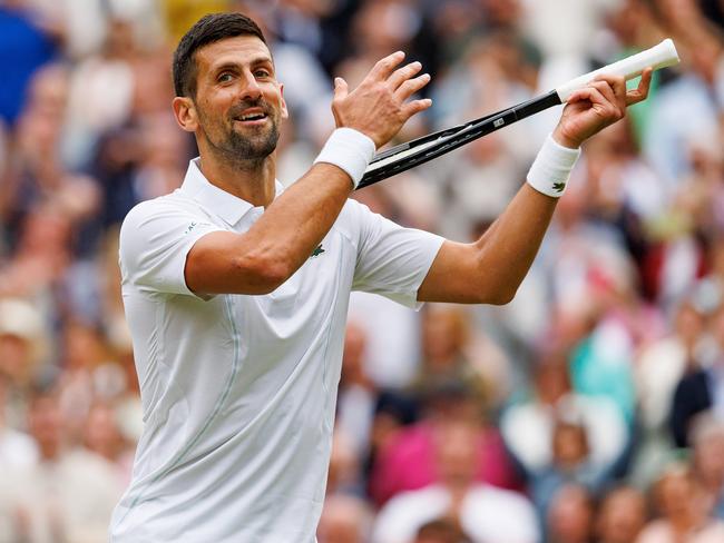 Djokovic having some fun during his semi-final win at Wimbledon. Picture: Frey/TPN/Getty Images