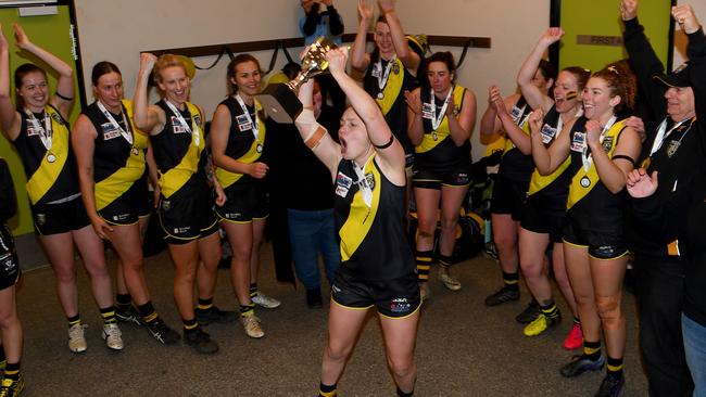 Kyneton players celebrate their premiership win. Picture: Josh Chadwick