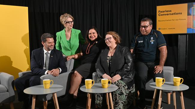 The Fearless Conversations Panel for “Reconciliation for our Future”: Honorable Kyam Maher (SA Attorney-General &amp; Minister for Aboriginal Affairs), 7News Journalist and Presenter, Jane Doyle OAM, Associate Professor Simone Tur, Ms Shona Reid and Uncle Richard Fejo. Picture: Keryn Stevens