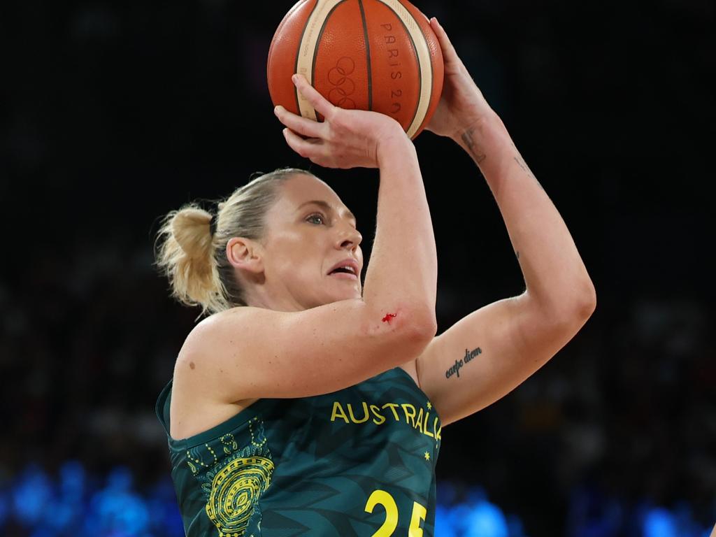 Lauren Jackson shoots over USA’s Jewell Loyd in Opals’ loss. Picture: Gregory Shamus/Getty Images